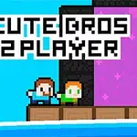 Dos personajes pixelados junto a un letrero que dice Cute Bros 2 Player con un fondo de bloques de colores
