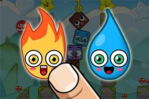 Dos personajes animados con caras felices, uno de fuego y otro de agua, con un dedo señalándolos y un fondo de bloques sonrientes y estrellas