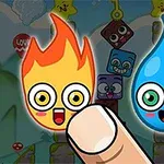 Dos personajes animados con caras felices, uno de fuego y otro de agua, con un dedo señalándolos y un fondo de bloques sonrientes y estrellas