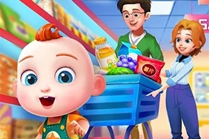 Familia animada con un bebé y dos adultos en un supermercado sosteniendo un carrito de compras lleno de productos