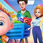 Familia animada con un bebé y dos adultos en un supermercado sosteniendo un carrito de compras lleno de productos