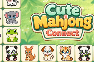 Logo colorido de Cute Mahjong Connect rodeado de fichas con animales tiernos como panda, koala, rana, ardilla, perro y gato sobre fondo verde