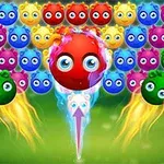 Conjunto de caras de colores brillantes y redondas con ojos grandes, con una cara roja destacada en el centro y un fondo verde difuminado
