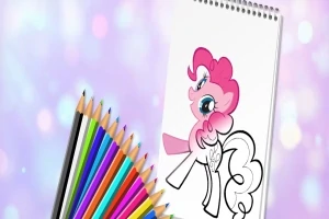 Dibujo a medio colorear de un pony rosa en un cuaderno de espiral junto a un conjunto de lápices de colores