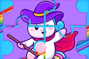 Dibujo de un oso blanco con sombrero púrpura y capa roja, montando un palo con fondo lila y bordes de arcoíris