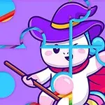 Dibujo de un oso blanco con sombrero púrpura y capa roja, montando un palo con fondo lila y bordes de arcoíris