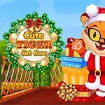Tigre pequeño vestido de Santa Claus con gafas, rodeado de regalos navideños sobre un puente de madera
