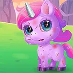 Unicornio rosa con heridas y un cuerno brillante en un paisaje colorido