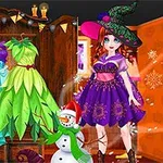 Joven vestida de bruja con vestido púrpura, rodeada de vestidos coloridos y decoración festiva, incluyendo un muñeco de nieve y calabazas