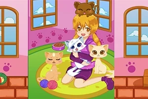 Niña con gatos en una habitación colorida con ventanas y juguetes