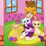 Niña con gatos en una habitación colorida con ventanas y juguetes