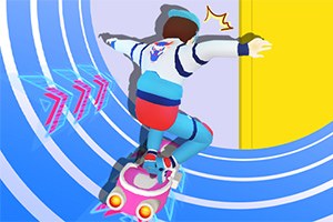 Persona en patineta futurista con casco, navegando por una pista curvada azul con detalles de luz y flechas rosas