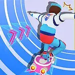Persona en patineta futurista con casco, navegando por una pista curvada azul con detalles de luz y flechas rosas