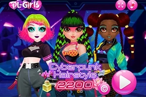Tres chicas con estilos de peinados y ropa coloridos y futuristas en un entorno cibernético
