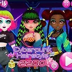 Tres chicas con estilos de peinados y ropa coloridos y futuristas en un entorno cibernético