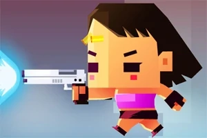 Personaje de estilo pixel art disparando un arma con un resplandor azul, con cabello oscuro y ropa rosa y negra
