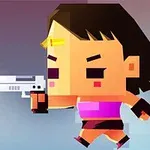Personaje de estilo pixel art disparando un arma con un resplandor azul, con cabello oscuro y ropa rosa y negra