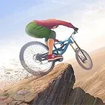 Ciclista descendiendo por un acantilado rocoso en una bicicleta de montaña