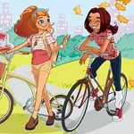 Dos chicas sonrientes montan bicicletas en un parque con aves volando y hojas cayendo alrededor