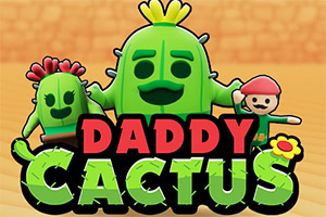 Cactus animado con bigote y corona amarilla, acompañado de otro cactus más pequeño y una figura humana, con el texto Daddy Cactus