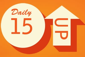 Círculo beige con la palabra Daily y el número 15, junto a una flecha en forma de casa apuntando hacia arriba con la palabra UP, todo sobre un fondo naranja