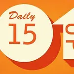 Círculo beige con la palabra Daily y el número 15, junto a una flecha en forma de casa apuntando hacia arriba con la palabra UP, todo sobre un fondo naranja