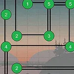 Círculos numerados verdes y blancos conectados por líneas negras en una cuadrícula, con un fondo de atardecer y siluetas de árboles