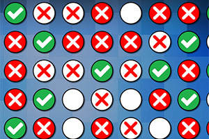 Círculos con marcas de verificación verdes, cruces rojas y círculos vacíos en una cuadrícula sobre un fondo azul