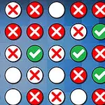 Círculos con marcas de verificación verdes, cruces rojas y círculos vacíos en una cuadrícula sobre un fondo azul