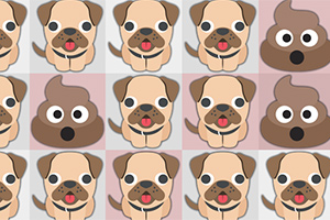 Dibujos repetidos de caras de perritos y emojis de popó sobre un fondo cuadriculado
