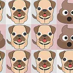 Dibujos repetidos de caras de perritos y emojis de popó sobre un fondo cuadriculado