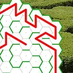 Diseño de líneas rojas y verdes en un patrón hexagonal sobre un fondo de arbustos verdes