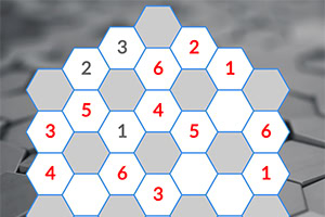 Tablero hexagonal con celdas numeradas en rojo y negro sobre un fondo difuminado