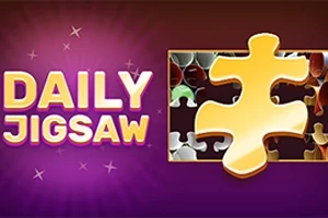 Texto DAILY JIGSAW en letras amarillas y moradas junto a una pieza de rompecabezas dorada sobre un fondo estrellado púrpura