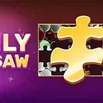 Texto DAILY JIGSAW en letras amarillas y moradas junto a una pieza de rompecabezas dorada sobre un fondo estrellado púrpura