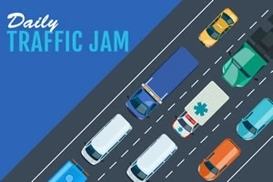Ilustración de un atasco vehicular en una carretera vista desde arriba, con varios coches de distintos colores y un texto que dice Daily Traffic Jam