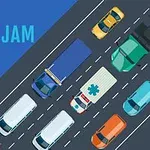 Ilustración de un atasco vehicular en una carretera vista desde arriba, con varios coches de distintos colores y un texto que dice Daily Traffic Jam