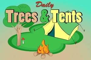 Título Trees & Tents con un árbol, una tienda de campaña y una fogata en un entorno al aire libre