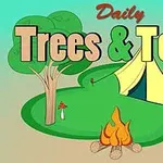 Título Trees & Tents con un árbol, una tienda de campaña y una fogata en un entorno al aire libre