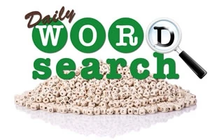 Montón de pequeños cubos con letras en el fondo, sobre el cual está el texto Daily Word Search con una lupa sobre la letra O