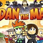 Ilustración de un personaje animado con cinta verde en la cabeza y gesto de acción, rodeado por el texto grande y colorido Dan The Man sobre un fondo claro