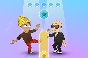 Dos personajes animados bailan en una pista colorida bajo un fondo azul y púrpura, con estrellas en la parte superior