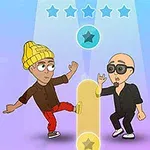 Dos personajes animados bailan en una pista colorida bajo un fondo azul y púrpura, con estrellas en la parte superior