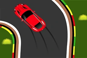 Coche rojo derrapando en una curva de una pista de carreras rodeada de pasto