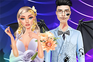 Pareja con estilo gótico: mujer rubia con vestido blanco y ramo de flores, y hombre con gafas en traje claro con corbatín, ambos con alas negras sobre fondo morado