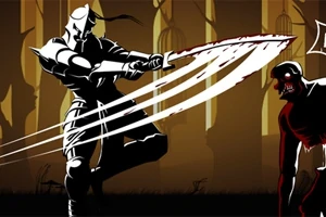 Guerrero medieval atacando a un enemigo oscuro con una espada en un bosque sombrío
