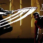 Guerrero medieval atacando a un enemigo oscuro con una espada en un bosque sombrío