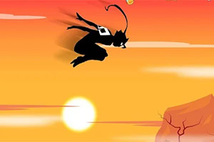 Silueta de un pequeño guerrero con cuernos saltando sobre un atardecer naranja con sol y acantilado rocoso