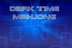 Texto Dark Time Mahjong en un fondo azul con efectos de luz y patrones geométricos