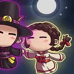 Dos personajes chibi vestidos con trajes tradicionales, uno con sombrero alto y otro con trenzas, bailando bajo la luna llena en un cielo estrellado